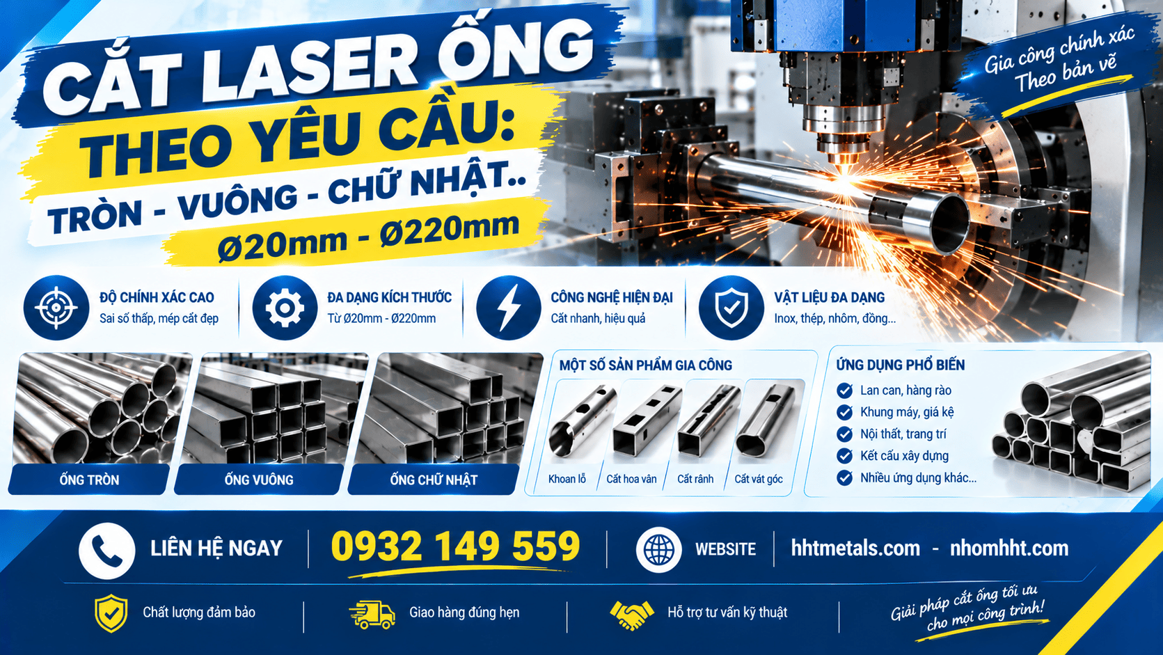 CẮT LASER ỐNG THEO YÊU CẦU: TRÒN - VUÔNG - CHỮ NHẬT..Ø20MM – Ø220MM